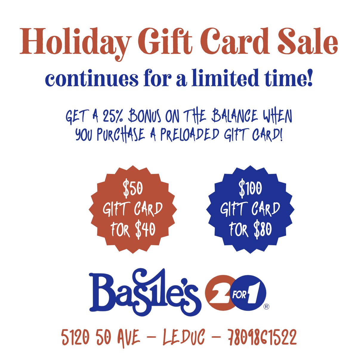 basiles2for1's tweet photo. Our popular gift card sale continues, get yours today before they are gone!

We’ve pre-loaded a limited number of gift cards with a 25% bonus balance. Get a $50 card for $40 or a $100 card for $80.

🍕📞 780-986-1522
📍5120 50 Ave - Leduc, AB https://t.co/MhQLmm949m
