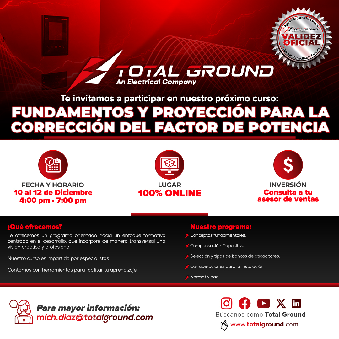 ⚡¡Inscríbete en nuestro curso online sobre corrección del factor de potencia! 🗓️ 10-12 dic, 4-7 pm CST. Aprende a evitar sanciones. 👷🏻‍♂️ #TotalGround
