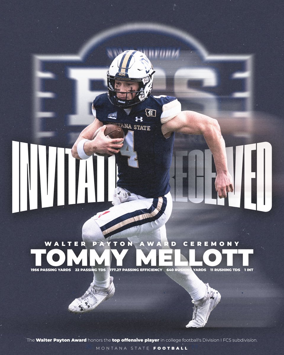 Montana State Football (@msubobcats_fb) on Twitter photo ๐
๐ข๐ง๐๐ฅ ๐
<a href="/Tommy_Mellott/">Tommy Mellott</a> has officially been selected as a final 3 contender for the Walter Payton Award and is invited to the STATS Perform National Awards Banquet on Jan. 4 in Frisco, TX โ๏ธ
#BobcatBuilt | #CATS ๐
๐ข๐ง๐๐ฅ ๐
<a href="/Tommy_Mellott/">Tommy Mellott</a> has officially been selected as a final 3 contender for the Walter Payton Award and is invited to the STATS Perform National Awards Banquet on Jan. 4 in Frisco, TX โ๏ธ
#BobcatBuilt | #CATS