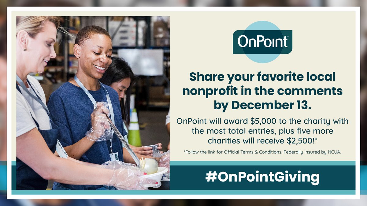 The season of giving is here! OnPoint wants to support local nonprofits making a difference. Nominate your favorite in the replies for a chance to win up to $5,000! Plus, 5 others will win $2,500! 🎁 

Follow the link for extra ways to earn entries! bit.ly/49f7pE1