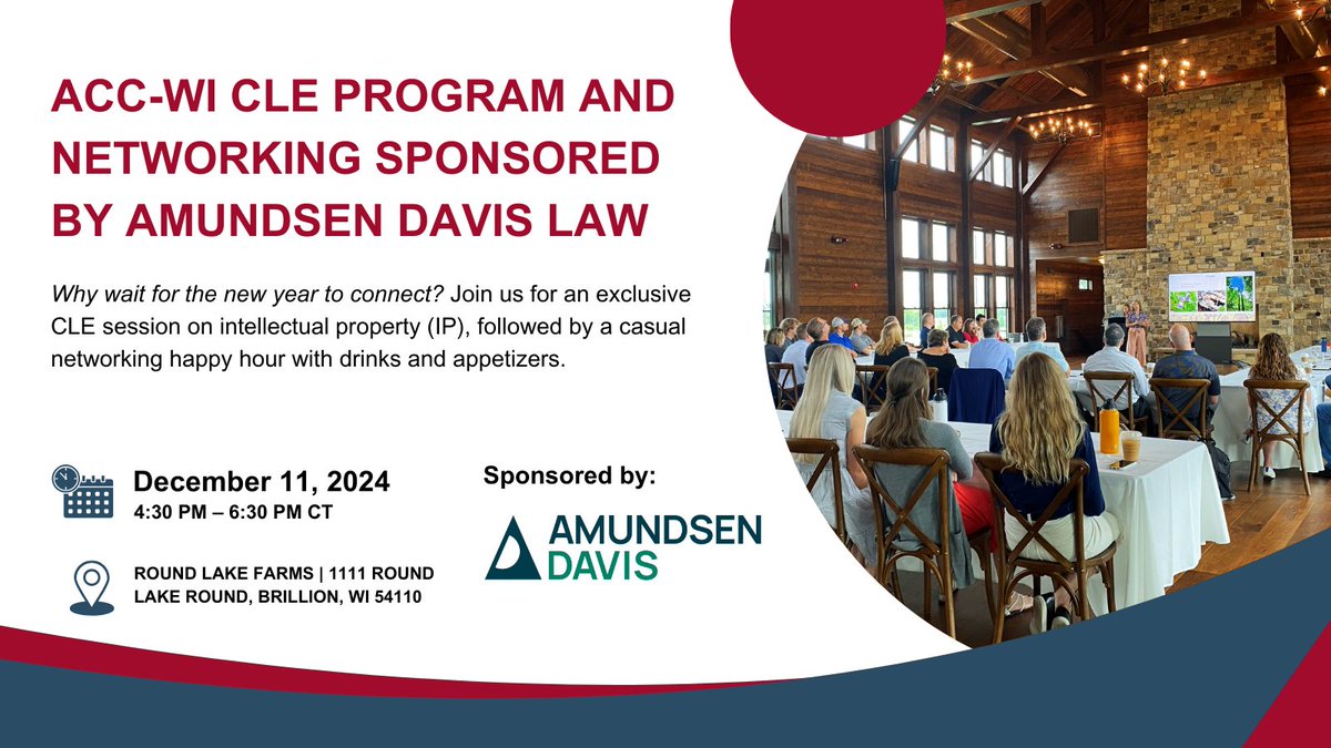 ACCWI2023's tweet photo. Join us on December 11th from 4:30 PM to 6:30 PM for an exclusive CLE session on IP, followed by a casual networking happy hour with drinks and appetizers. We are collaborating on this event with Amundsen Davis.

RSVP: https://t.co/KJzayakgn9 https://t.co/vQcfIWbPSL