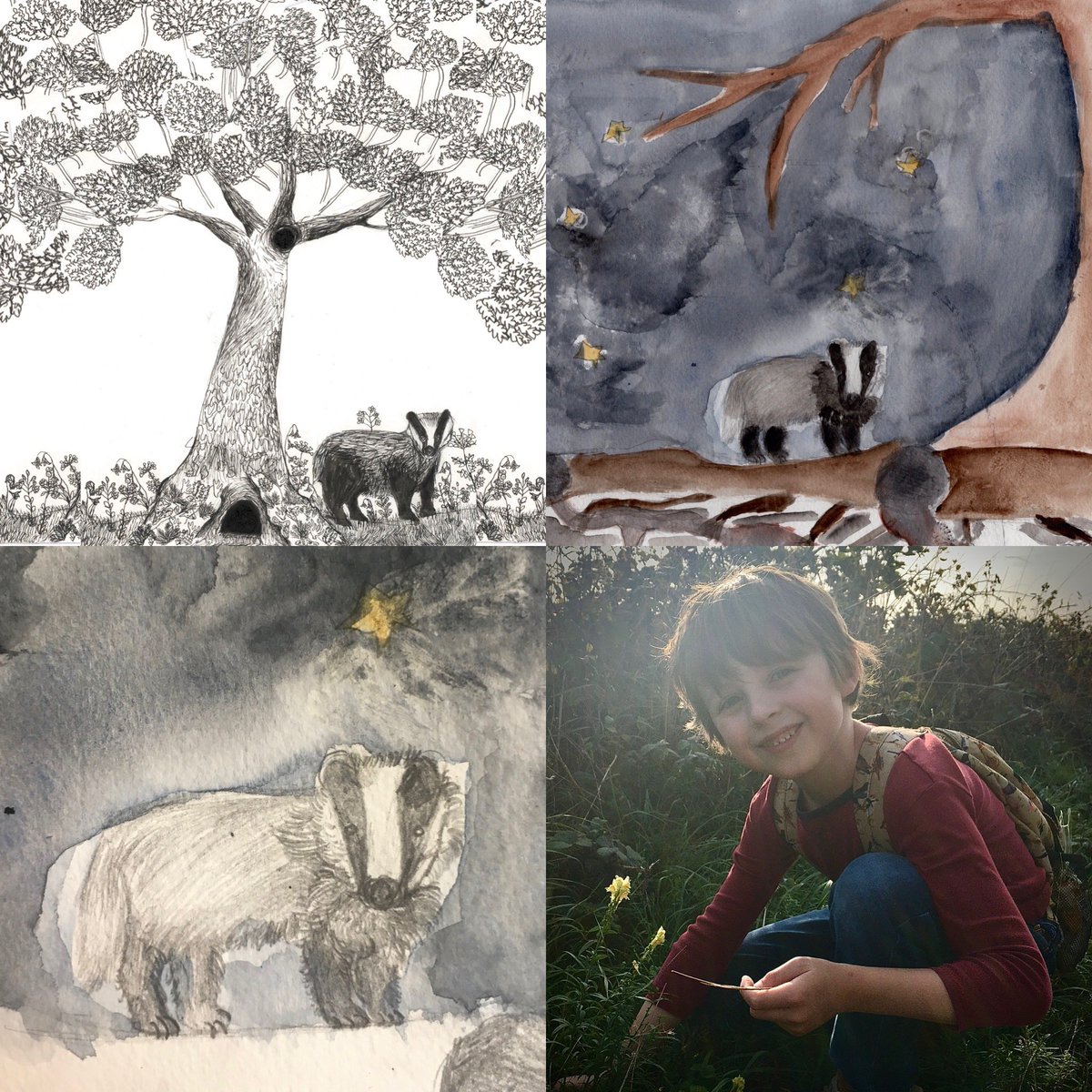 ‘Badgers have strong family bonds and live in the same set over generations, right back to their great-great-grandad!’
✨Badger painting age 6 
✨Pen drawing age 7

Stop the cull, stop persecuting these incredible creatures.🖤 
Please share and sign 🙏 petition.parliament.uk/petitions/7003…