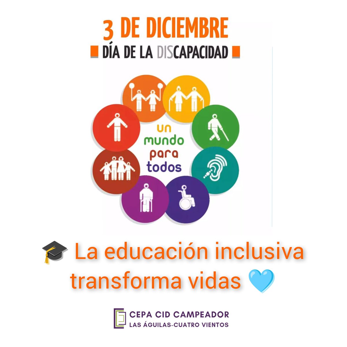 🎓 La educación inclusiva transforma vidas 🩵

En este Día Internacional de las Personas con Discapacidad, l #CEPACidCampeador recordamos que la diversidad en las aulas no sólo enriquece, sino que también fortalece.💪