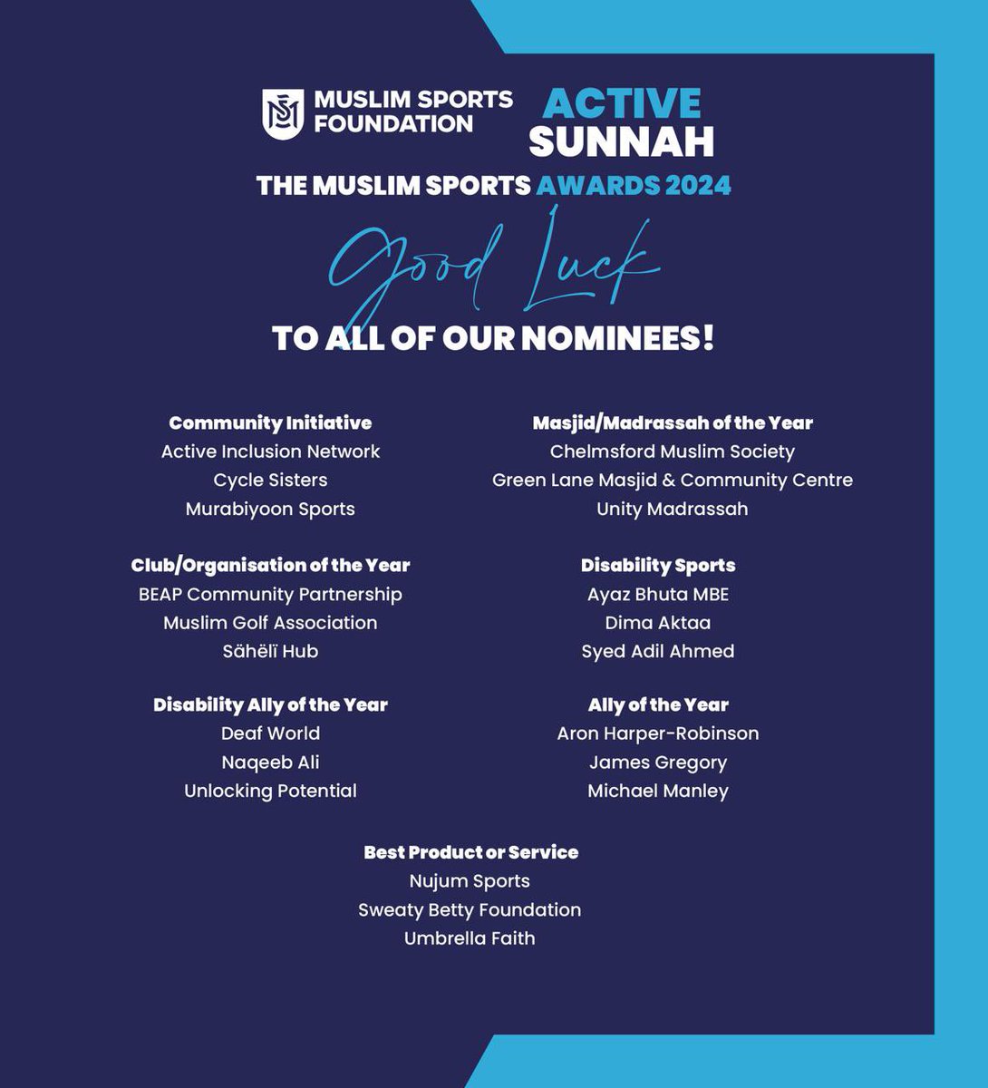 Good luck to all of our incredible nominees at tonight’s Muslim Sports Awards! 🥳

We are looking forward to an incredible celebration!
