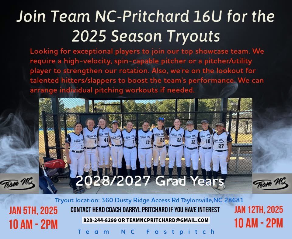 TeamNCPritchard's tweet image. Tryout dates listed below and more information on Google form.

All interested players please go to our Facebook page @teamncpritchard and fill our Google form. 

#alwaysmovingforward 
@TeamNCSoftball