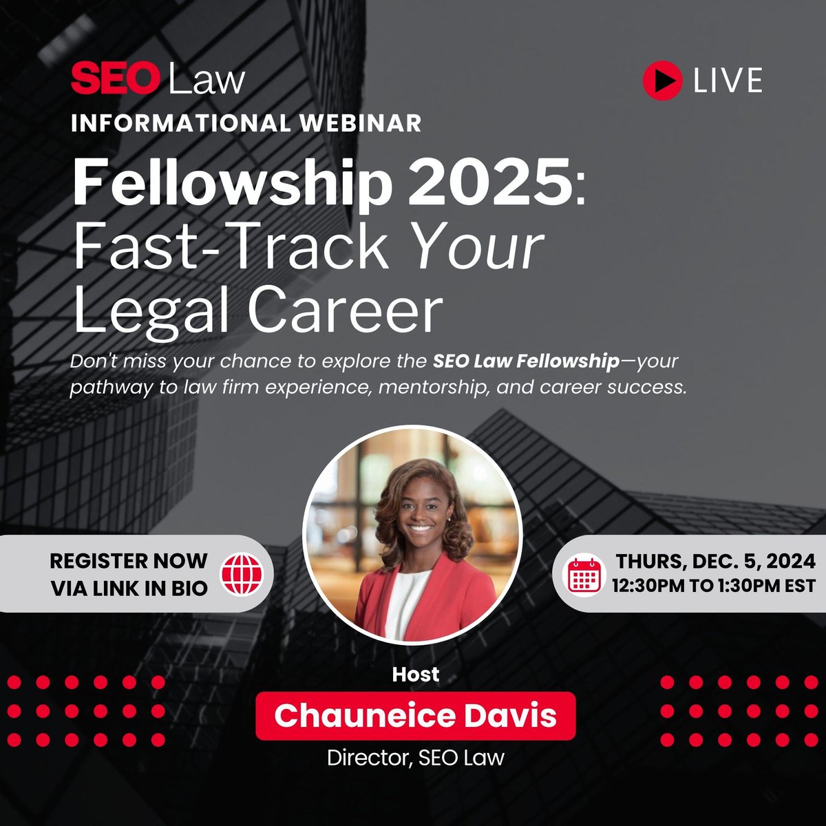 SEOLawProgram's tweet image. Last call! Don't miss your chance to soar with the SEO Law Fellowship Webinar this Thursday at 12:30 PM EST. Learn how to secure a paid internship at a top law firm and meet our new director, Chauneice Davis. Spots are flying—RSVP now via link in bio! #SEOLawFellowship #LawSchool