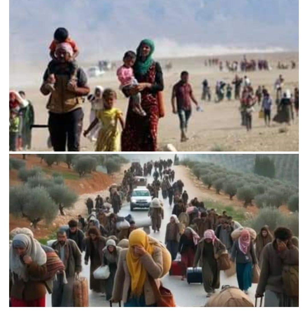 Zwei Bilder: Şengal, zehn Jahre vor der Gründung des „Allahu-Akbar-Staates“ unter al-Julani in Syrien. Das zweite aus Afrin und Umgebung, zehn Jahre nach der Gründung des „Allahu-Akbar-Staates“ unter al-Baghdadi. Zwei Bilder einer Flucht vor dem bekannten „Allahu-Akbar-Staat“.