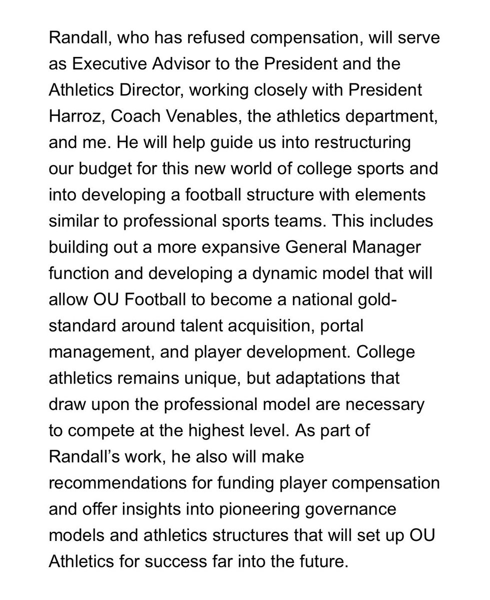 OUInsider's tweet image. NEW: In an email obtained by OUInsider.com, #Sooners AD Joe Castiglione announces that former AT&amp;amp;T chairman Randall Stephenson will take on an advisory role with Oklahoma to “help guide us into restructuring our budget for this new world of college sports.”