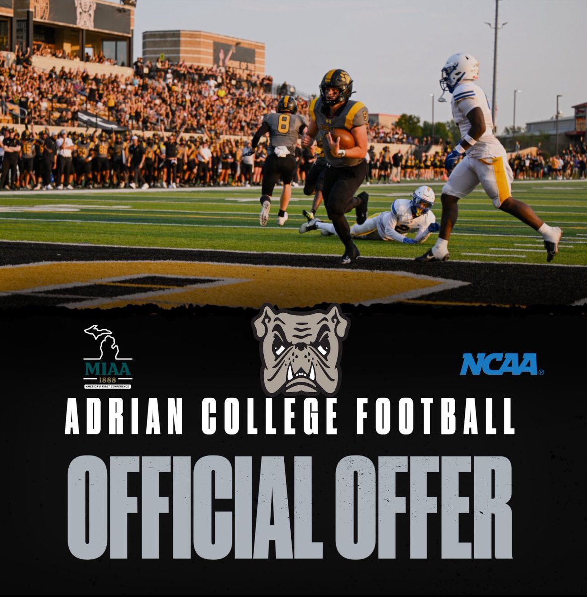 blessed and grateful to say that after a great phone call and conversation with <a href="/ReimSean/">Sean Reim</a>, i’ve received an offer from Adrian College! thank you to all my coaches, teammates &amp; family! Go Dawgs!