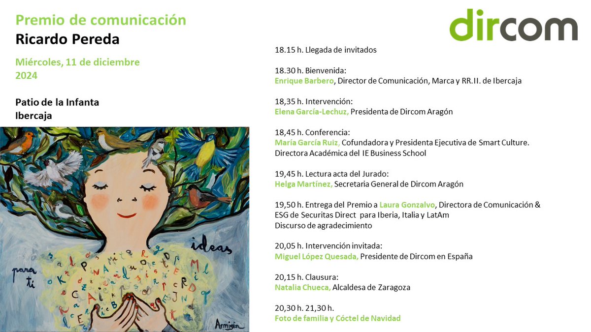 No te olvides⏳Celebramos la VI Edición del Premio de #Comunicación  #RicardoPereda
🥉Entregamos nuestro máximo galardón a la gran <a href="/lgonzalvobas/">LAURA GONZALVO</a> <a href="/SecuritasDirect/">Securitas Direct</a> 
🎤Participa <a href="/MariaGcoach/">Maria Garcia Ruiz</a> <a href="/SmartCultureGO/">Smart Culture</a> <a href="/IEbusiness/">iebusiness</a> 
💚Contamos con <a href="/mlopezquesada/">miguel lópez-quesada</a>
👋Y el apoyo de <a href="/ChuecaNatalia/">Natalia Chueca</a>