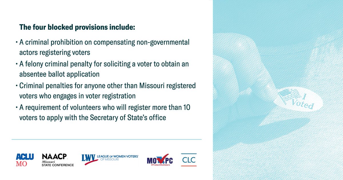 Judge Jon Beetem has permanently struck four provisions of HB1878 challenged by the LWVMO and NAACP, finding “they are overbroad and impair a wide swath of constitutionally protected rights of speech, expression, and association.”

Read the full opinion at aclu-mo.org/sites/default/…