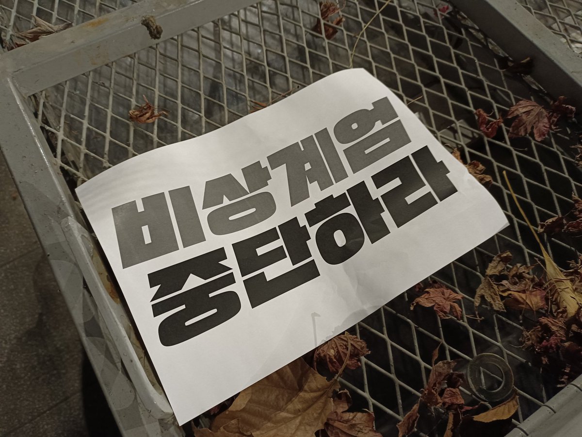 koryodynasty's tweet photo. Koreans can be very quick. No sooner had martial law been declared than protesters appeared with paper banners demanding it to end.

Literally within an hour or so. https://t.co/mCR1jw0y7k