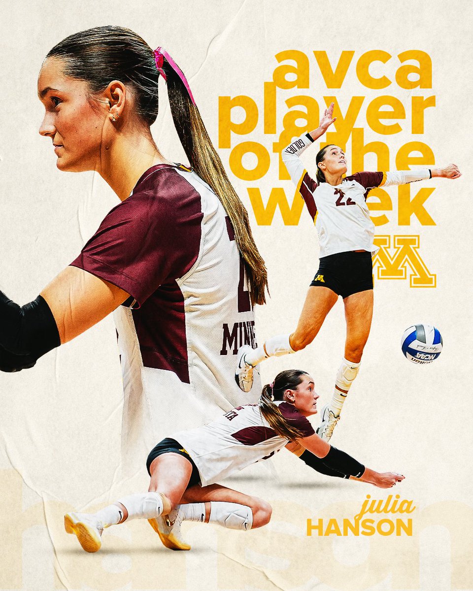 GopherVBall's tweet photo. 𝐀𝐕𝐂𝐀 𝐏𝐥𝐚𝐲𝐞𝐫 𝐨𝐟 𝐭𝐡𝐞 𝐖𝐞𝐞𝐤 ⭐

Julia Hanson has garnered national player of the week honors from @AVCAVolleyball!

She's totaled 20+ kills in five of the last six matches and averaged nearly six kills per set in two wins last week. https://t.co/LFIIul0pHk