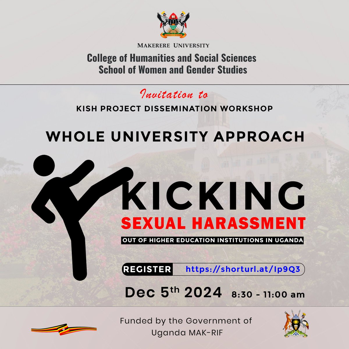 Did you know that many victims of SH in universities are unaware of their rights?
The #KISHUganda Workshop will tackle these gaps and share findings from a 4-year project addressing SH in HEIs.
📅 Dec 5, 2024
🔗 Register: shorturl.at/lp9Q3
#EndSexualHarassment