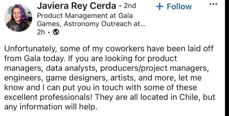 smilinmonstr's tweet photo. Not sure if this is true or not but there might have been some more layoffs for $GALA/@GoGalaGames 

Rip some of the chile team, when will the games get updates 🥲 https://t.co/FZOTkPKplp