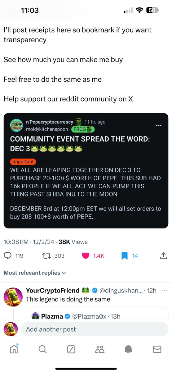 Here’s my $PEPE buy as promised at 12pm est 

$5 for every like 
$5 for every comment
$5 for every retweet 

$9,115 worth of pepe

Thanks for everyone that engaged

I know where this is going so it was a very pleasant experience making this buy

My first pepe buy was 4/29/2023