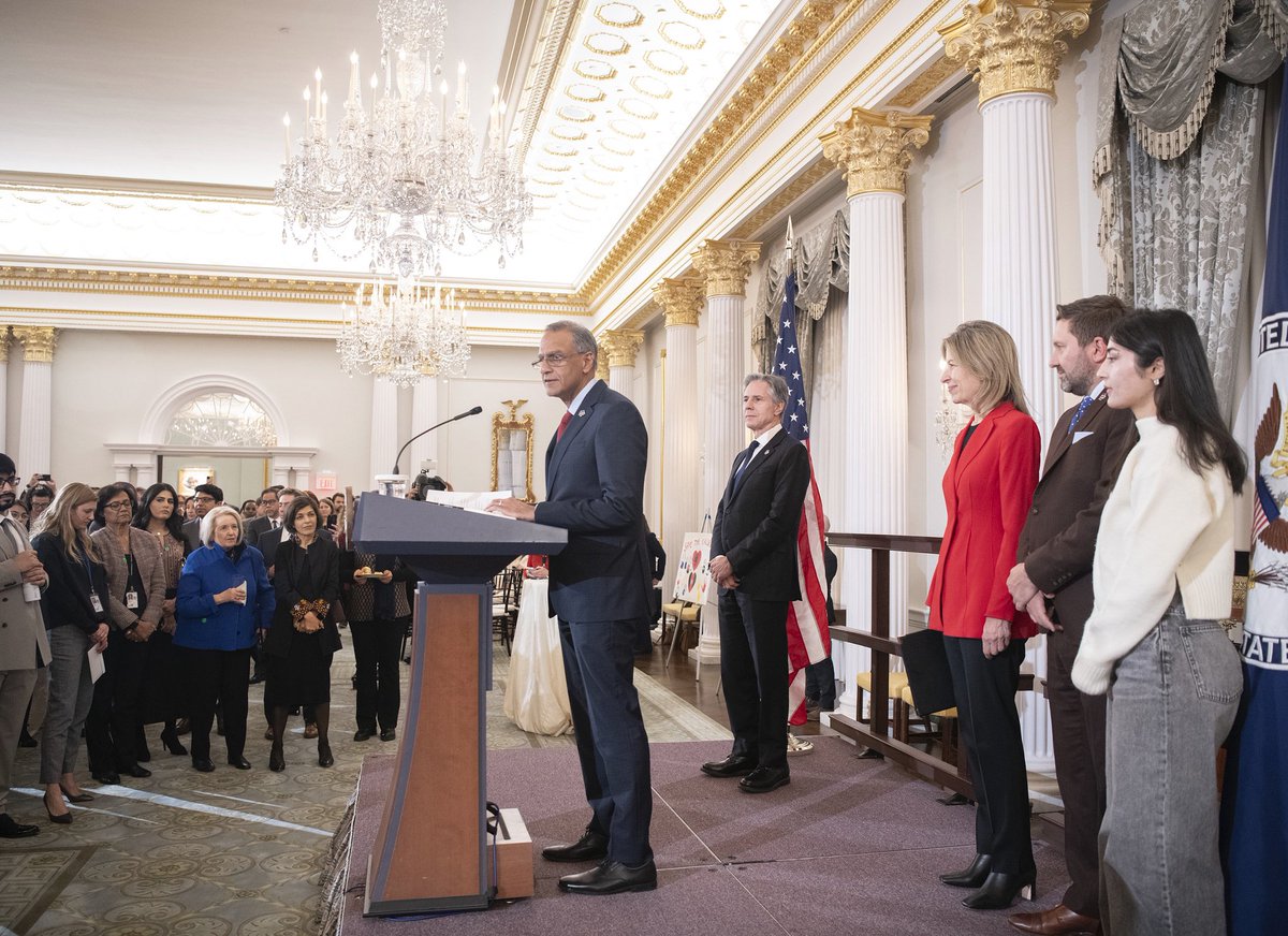 DepSecStateMR's tweet photo. Last night, @StateDept honored the partnerships that resettled over 180,000 Afghan allies since August 2021. These strong and enduring partnerships provide hope and stability to families facing unimaginable challenges. Together, we uphold our values of humanity and solidarity. Check out the remarks here: https://t.co/X8apRQ2LFc