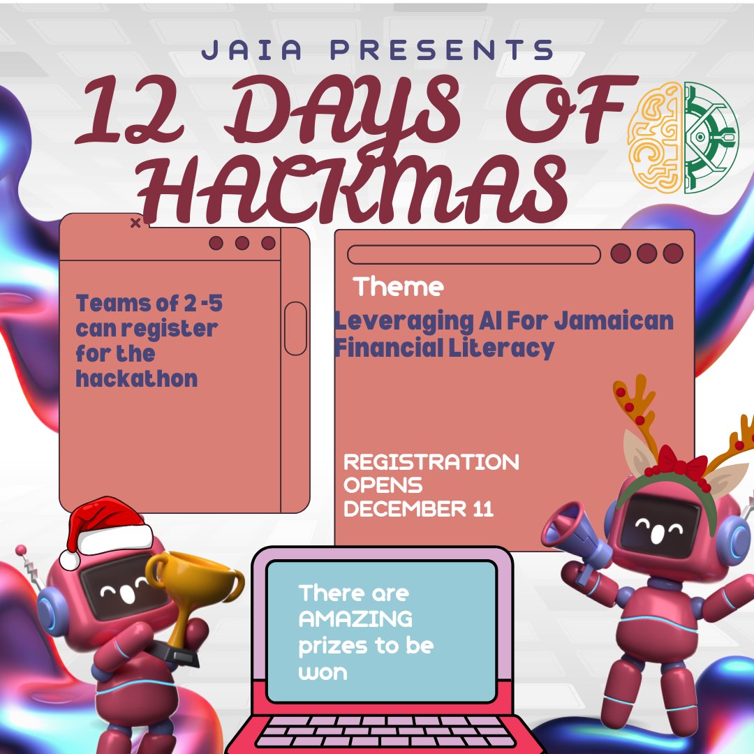 jaia_876's tweet image. We have exciting news. We'll be hosting our first-ever virtual Hackathon, the 12 Days Of Hackmas!

The event will be under the theme Leveraging AI For Jamaican Financial Literacy. The aim of the event is to create impactful AI solutions to empower Jamaicans to manage and