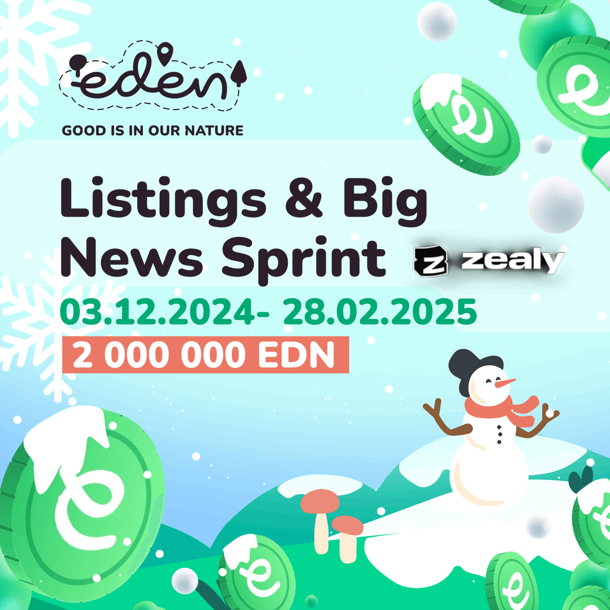 EdenApp_EDN's tweet photo. 🚀 Our new Zealy Sprint for Eden Listings &amp; Big News is LIVE! 🚀

🗓️ 3.12.2024 - 28.02.2025
🎁 Rewards: 2,000,000 EDN

Don’t miss out- join now and start earning: https://t.co/KnqTjZdSIP https://t.co/pUenhywP5k