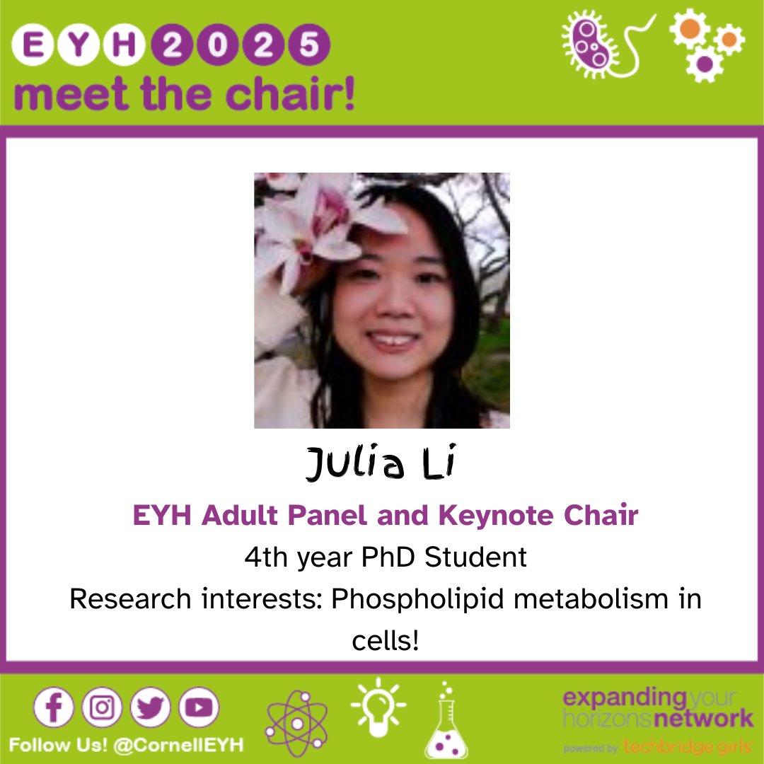 CornellEYH's tweet photo. It's time to #MeetTheChair! Today, we are introducing Julia, an Adult Panel & Keynote chair π» Swipe β‘οΈ to find out what Julia loves about science and what inspired Julia to join EYH ππ§ͺ https://t.co/p6vUlXbxR4