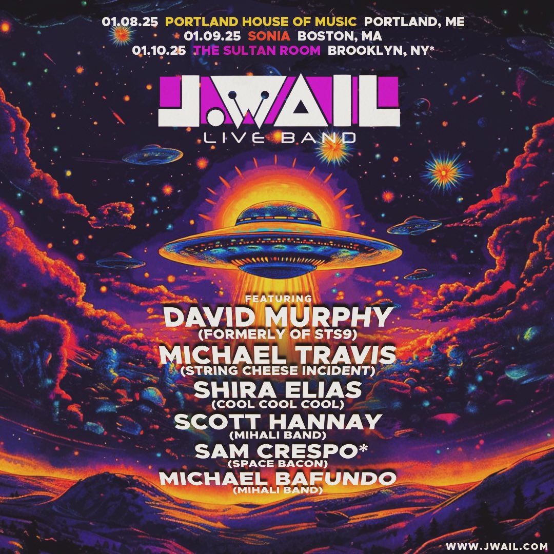 BIG NEWS!  It's now a 3 show tour as we are thrilled to announce 2 new dates in Portland, Maine and Boston, MA!  David Murphy (formerly of STS9) will make his return to live music joining J.Wail and an all star cast of special guests! Don’t miss this special 3 show tour!  🛸👾
