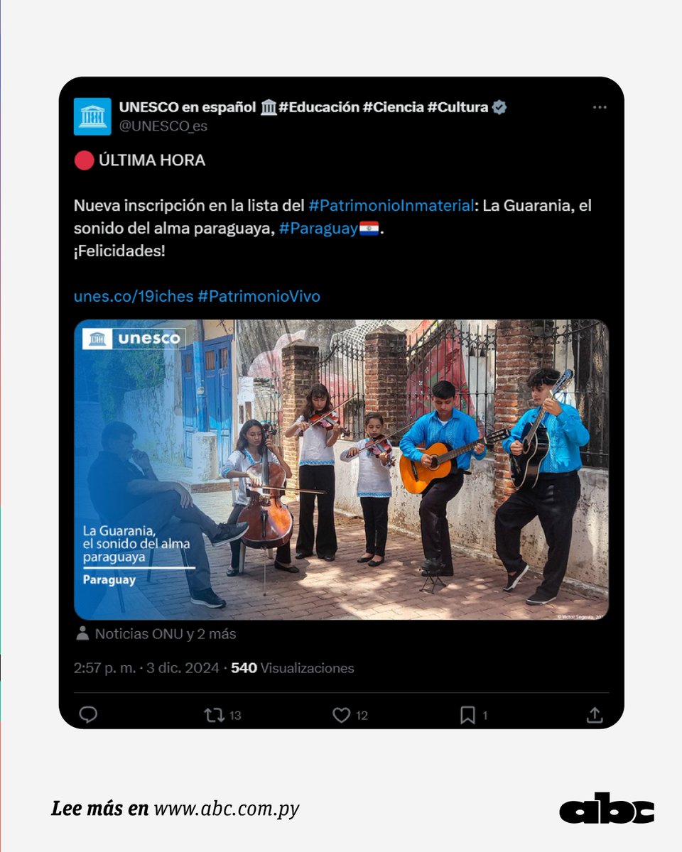 La guarania: Patrimonio Cultural Inmaterial de la Humanidad 🇵🇾🎶🥳.

👏👏👏La publicación de la Unesco en X, destacando la nueva inscripción: "La guarania, el sonido del alma paraguaya".

abc.com.py/espectaculos/m…