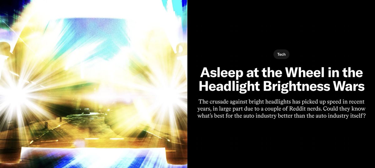 In one of the strangest chapters of my life, I spent several months in the trenches of Big Headlight, looking to understand just how and why headlights became brighter than the sun. Answers, graphs, penis sketches—it's all here, on the brand new <a href="/ringer/">The Ringer</a>:
theringer.com/2024/12/03/tec…