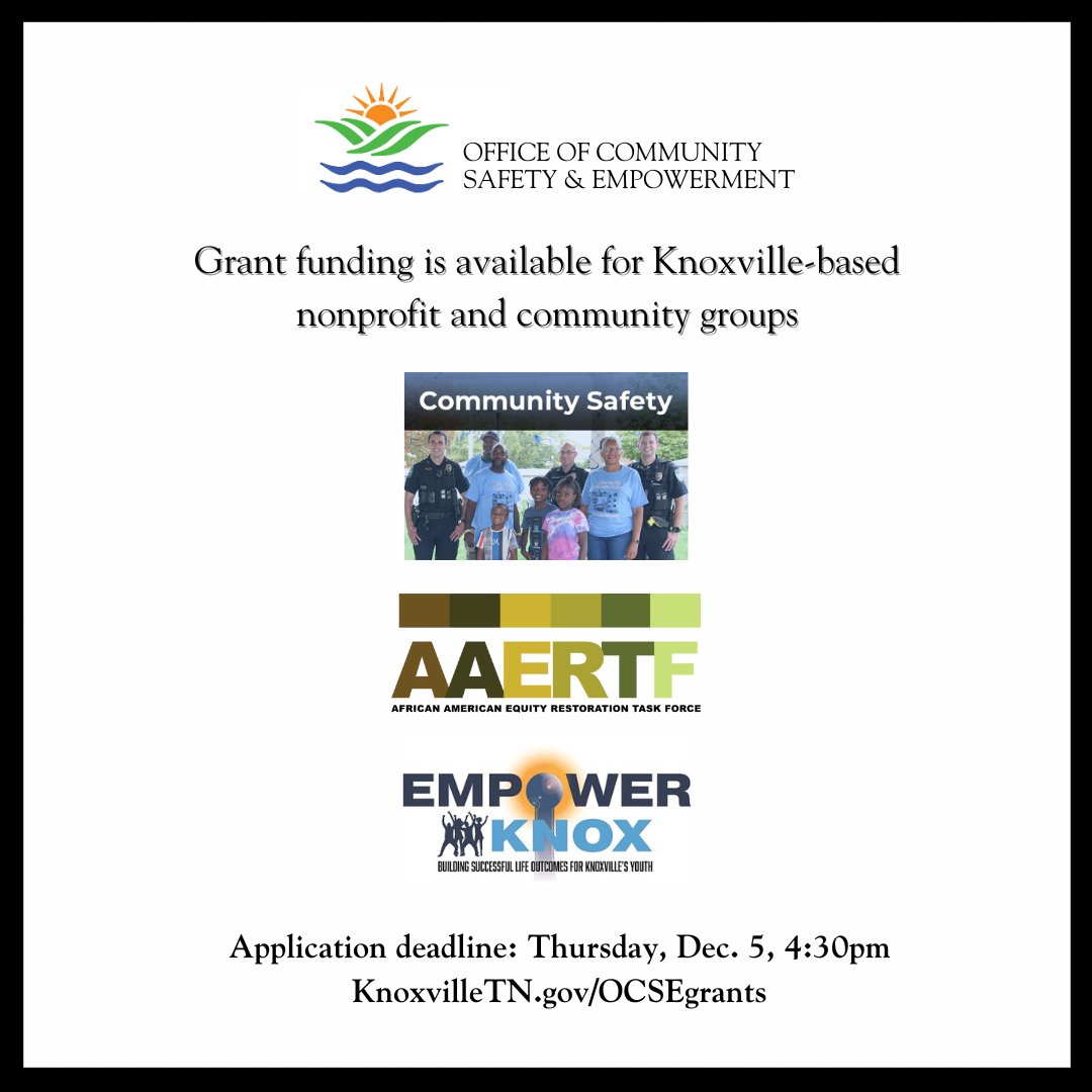Grant funding available for Knoxville-based nonprofit &amp; community groups working to support economic &amp; workforce development and youth-oriented goals. The deadline to apply for the 2025 cycle is this Thursday, Dec. 5, 4:30pm. More info at KnoxvilleTN.gov/OCSE.