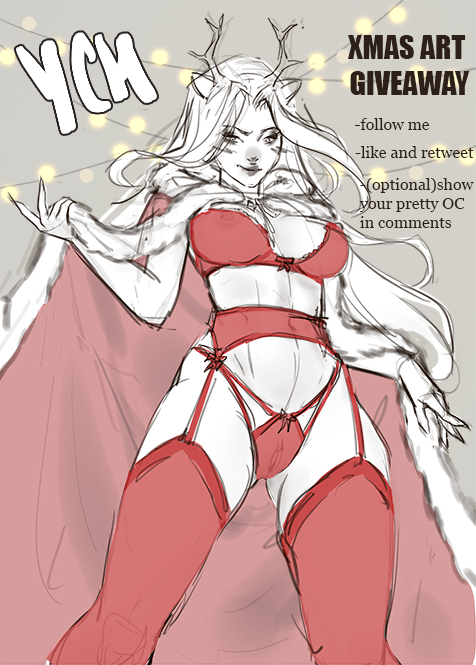 ❄️XMAS ART GIVEAWAY❄️
Letsgooo! Chrismas is just around the corner! Which means it's time for the traditional art giveaway!  

The winner will get 2 versions of the ych: nude &amp; in lingerie