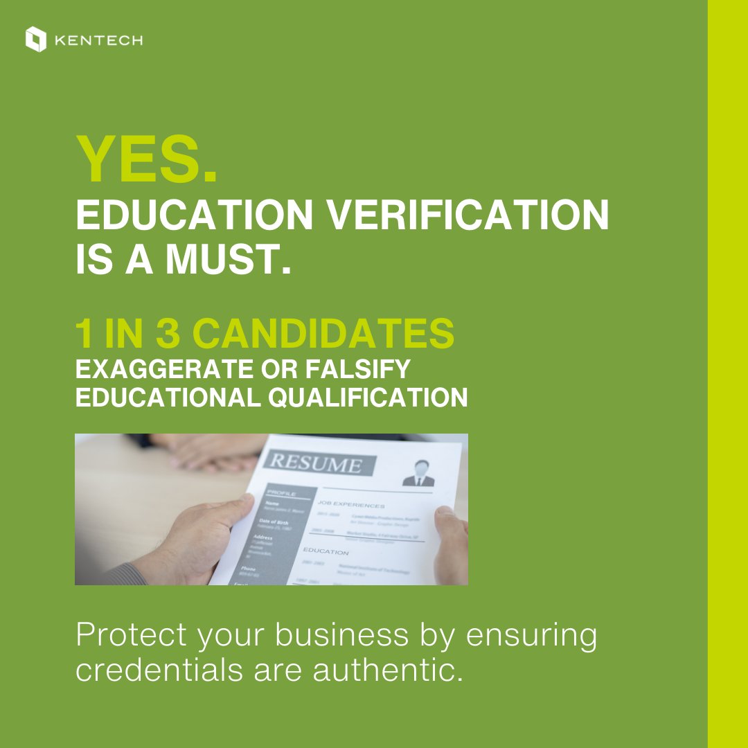eKentech_'s tweet image. Here’s the truth: 1 in 3 candidates exaggerate or falsify their educational qualifications! 

What does this mean for your business? It’s simple—verifying credentials isn’t just smart, it’s essential. ✅

#HiringSmart #EducationVerification #BackgroundScreening #KENTECH