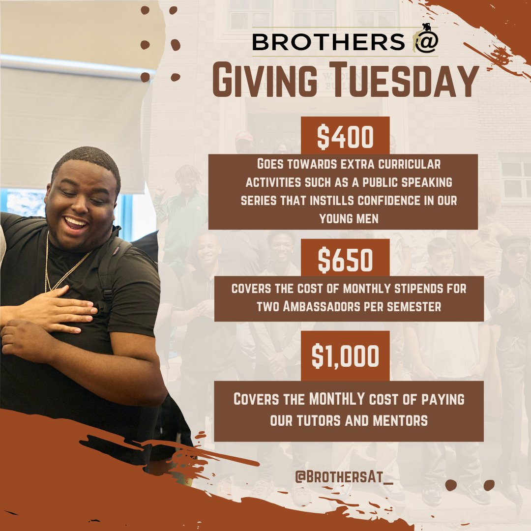 After a week of celebrating and shopping, let’s focus on giving back.

For 10+ years, Brothers@ has helped young men of color thrive—100% of our high schoolers graduate &amp; move on to college or trade school.

This #GivingTuesday, support tutoring &amp; mentorship that changes lives