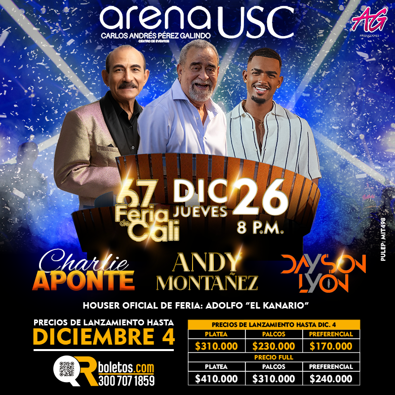 arenausc's tweet photo. La feria se vive y se goza en nuestro majestuoso escenario🔥
Los invitamos a disfrutar del segundo día de feria con comodidad y en escenario: 
Andy Montañez , Charlie Aponte y Dayson Lyon 

🎫Más información en https://t.co/FBY3efgXl2
#feriadecali #caliescali #escenario #colombia https://t.co/vq64jNomjD