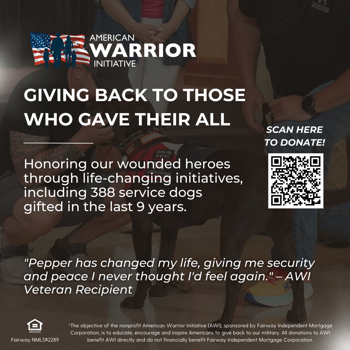This #GivingTuesday, let’s join together to create real change.

Fairway Cares provides comfort and support to those facing illness, trauma or loss.

The American Warrior Initiative honors our nation’s heroes with life-changing service dogs and more.

Will you be a part of it?
