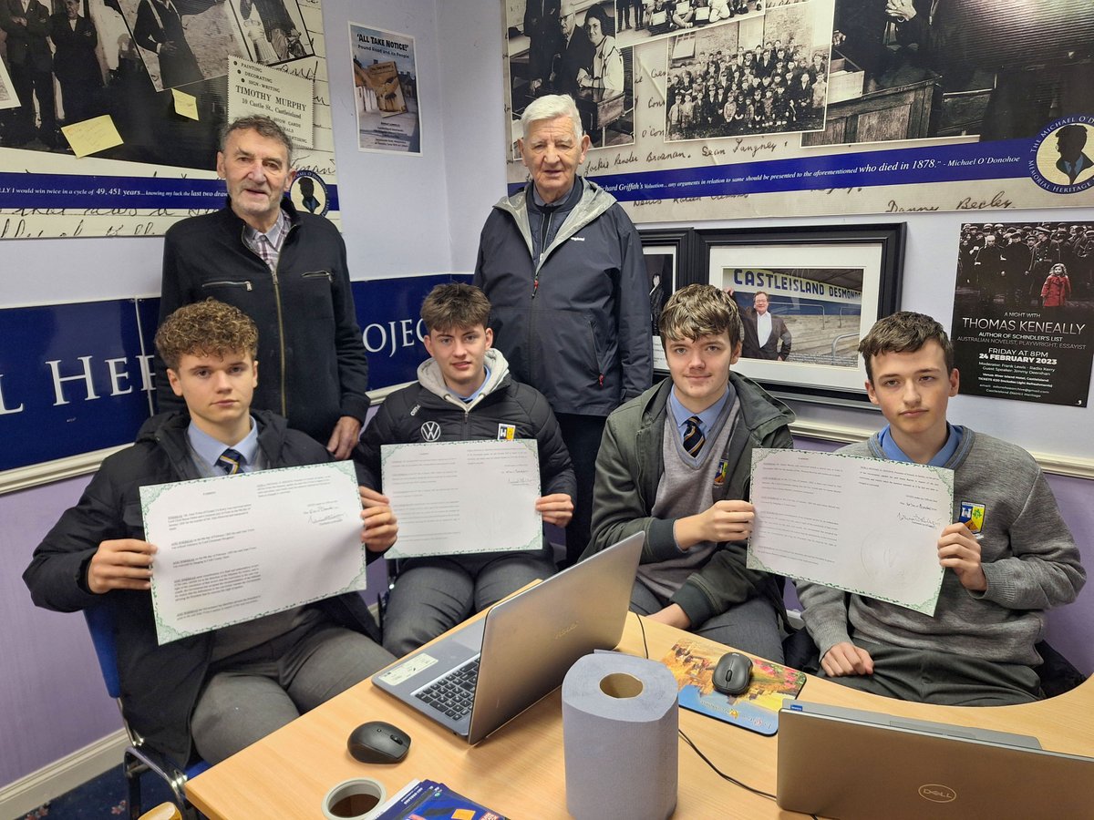 Castleisland District Heritage (@michaelodonoho5) on Twitter photo Transition Year students from St Patrick's Secondary School pictured at CDH with the Posthumous Presidential Pardons of Sylvester Poff, James Barrett and John Twiss. Behind them Tomo Burke (right) great grandson of Sylvester Poff and John Roche, Chairman of CDH
<a href="/StStpatricksss/">St. Patrick's S.S.</a> Transition Year students from St Patrick's Secondary School pictured at CDH with the Posthumous Presidential Pardons of Sylvester Poff, James Barrett and John Twiss. Behind them Tomo Burke (right) great grandson of Sylvester Poff and John Roche, Chairman of CDH
<a href="/StStpatricksss/">St. Patrick's S.S.</a>