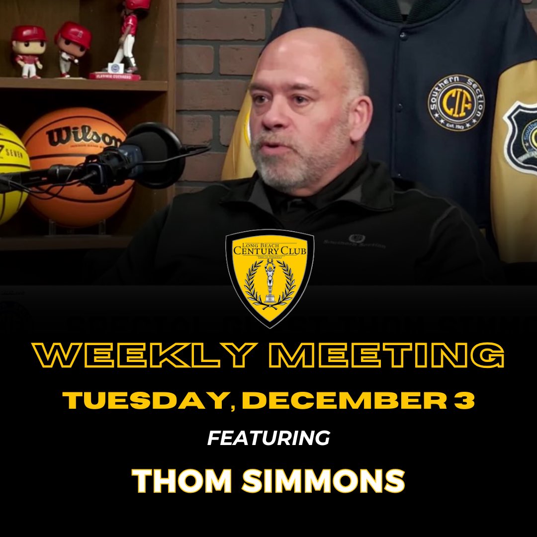 Members

Tonight, we welcome CIF Assist. Commissioner Thom Simmons!

Thom, a pivotal figure at the Southern Section office for 27 yrs, has played a leading role in organizing championships across all HS varsity sports

See you @ JADE!
6380-A E. PCH LB 
Social @ 5PM
Mtg @ 6PM