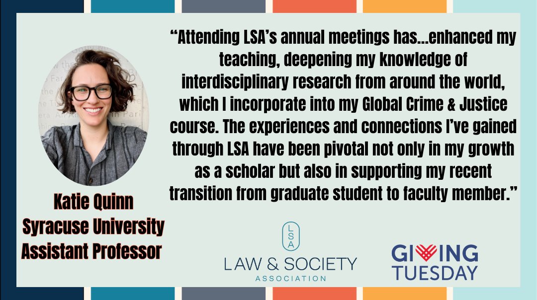 #LSA Annual Meetings offer a socially and intellectually stimulating space for academics at all career stages. If you are interested in making a #GivingTuesday donation and supporting our work, click here! bit.ly/4fBTTw9

#Mentorship #LawAndSociety

<a href="/KaitlynQuinn90/">Katie Quinn</a>