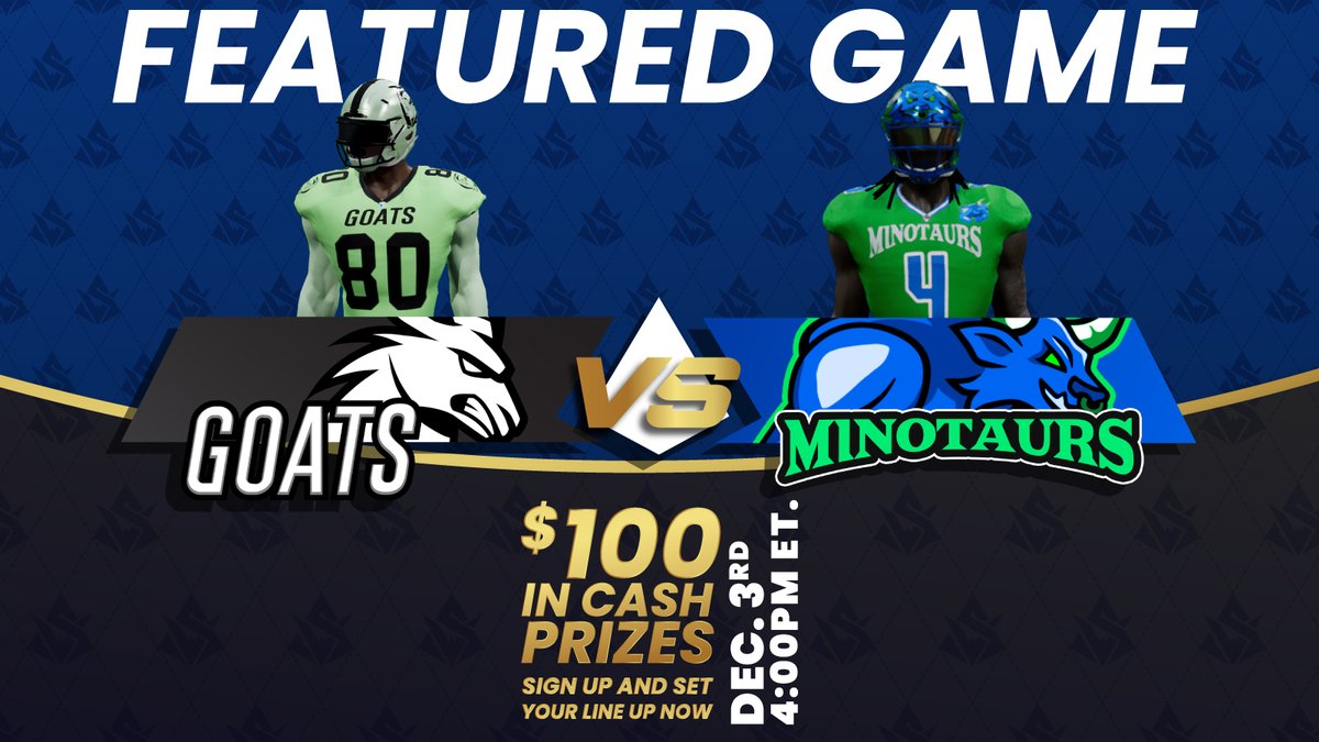 Clash of the titans! 🐐⚔️ The Goats take on the Minotaurs TODAY at 4PM EST in the featured game of the week! Entry is FREE, and $100 in cash prizes are up for grabs. Set your lineup now! 🔗