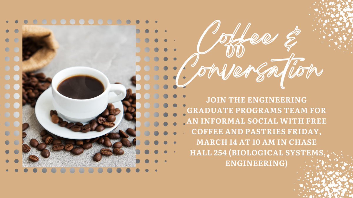 unl_engrgrad's tweet image. Join COE Graduate Programs for coffee, pastries, and conversations on Friday at 10 am in Chase Hall 254 (BSE department). This is an informal opportunity to network and ask questions to college and department leadership.
