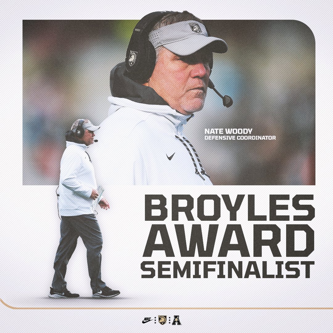 Army Football (@armywp_football) on Twitter photo Congrats <a href="/CoachNateWoody/">Nate Woody</a> π«‘
Our DC is a semifinalist for the <a href="/BroylesAward/">The Broyles Award</a> πππ
The award honors college football's top assistant coach. Congrats <a href="/CoachNateWoody/">Nate Woody</a> π«‘
Our DC is a semifinalist for the <a href="/BroylesAward/">The Broyles Award</a> πππ
The award honors college football's top assistant coach.