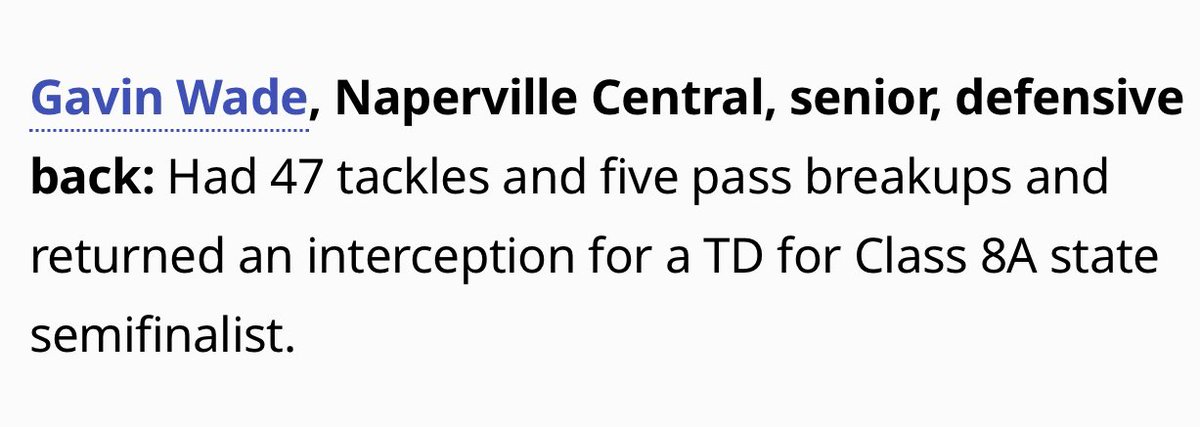 Gavin Wade (@gavinwade59) on Twitter photo Honored to receive first team all area!
<a href="/Naperville_Sun/">Naperville SunSports</a> <a href="/OfficialNCHSFB/">Naperville Central Football</a> <a href="/PrepRedzoneIL/">Prep Redzone Illinois</a> <a href="/EDGYTIM/">Timothy “EDGYTIM” OHalloran</a> <a href="/6starfootballIL/">Six Star Football | ILLINOIS</a> Honored to receive first team all area!
<a href="/Naperville_Sun/">Naperville SunSports</a> <a href="/OfficialNCHSFB/">Naperville Central Football</a> <a href="/PrepRedzoneIL/">Prep Redzone Illinois</a> <a href="/EDGYTIM/">Timothy “EDGYTIM” OHalloran</a> <a href="/6starfootballIL/">Six Star Football | ILLINOIS</a>