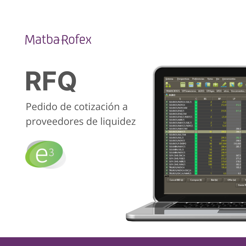 Órdenes RFQ (Request For Quote)

Hemos incorporado la posibilidad de ingresar órdenes RFQ en nuestro sistema de negociación. Esta funcionalidad permitirá realizar pedidos de cotizaciones para futuros y opciones agropecuarias, optimizando así el cierre de negocios.

Detalles de