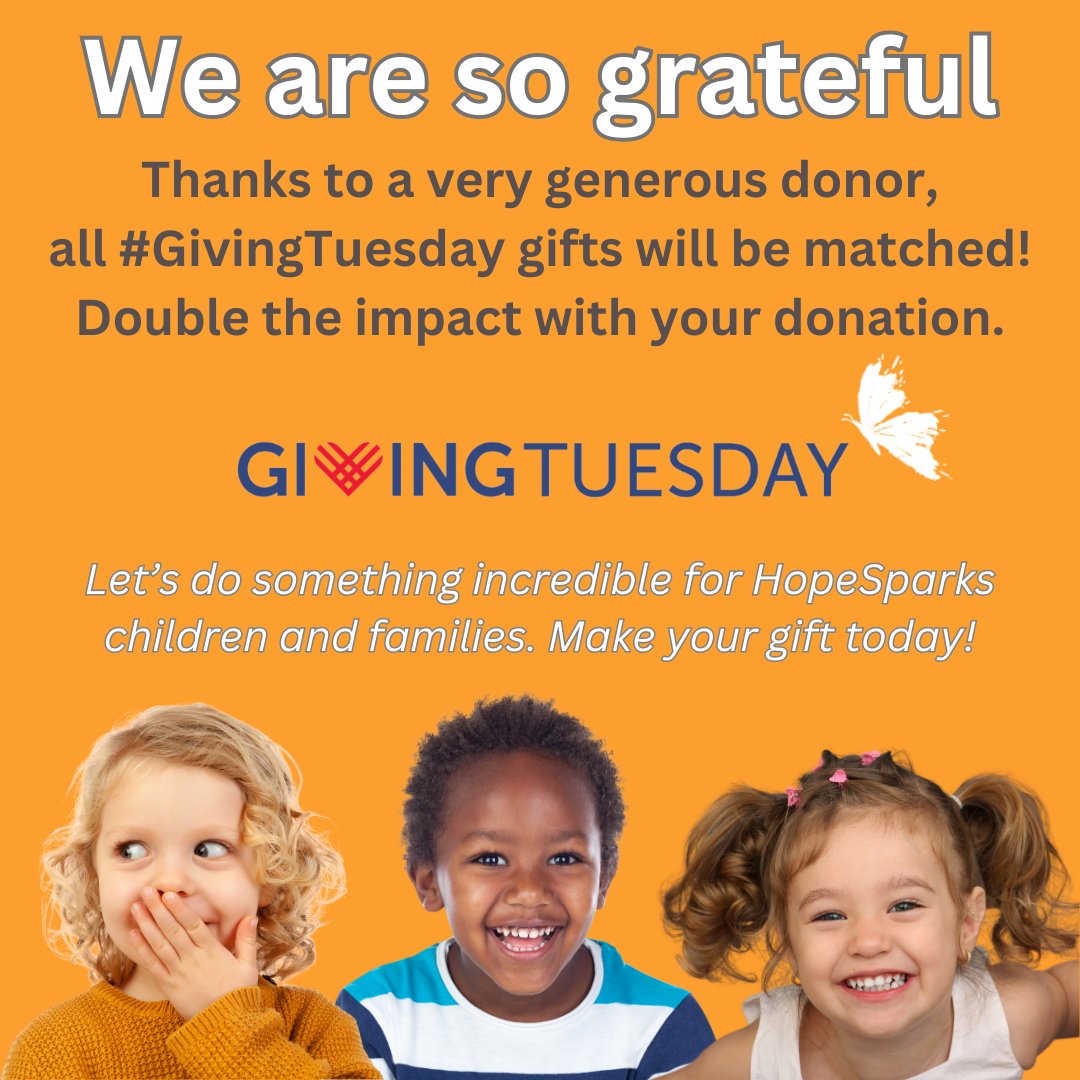 HopeSparksOrg's tweet photo. We have some amazing news! 

Thanks to a very thoughtful and generous gift this morning we are thrilled to announce that all #GivingTuesday donations to HopeSparks will be MATCHED!! This is your chance to DOUBLE THE IMPACT you are making! 

https://t.co/nlSaHu8Ilv https://t.co/kqdz2J4CR3