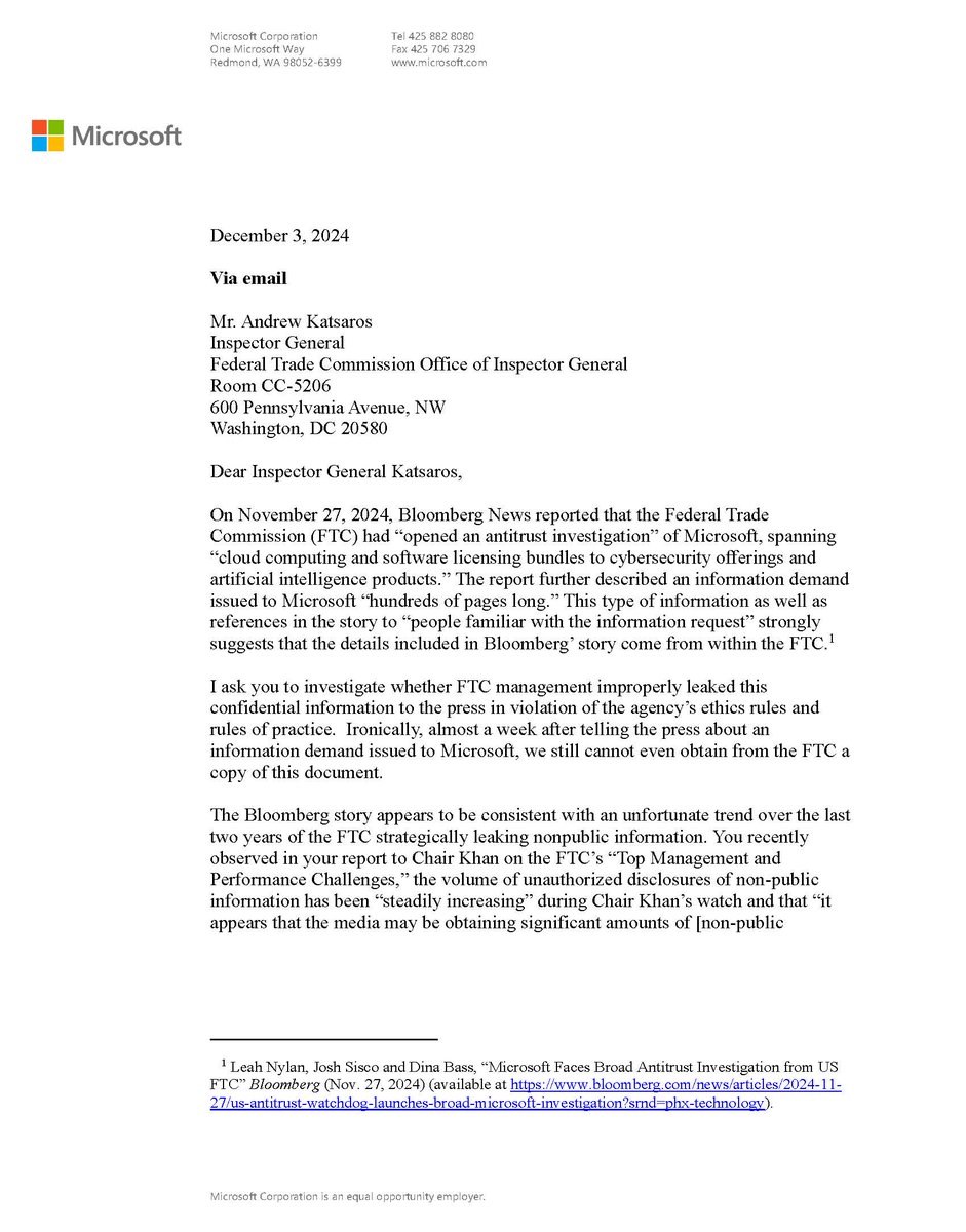 MSFTIssues's tweet photo. Today we asked the FTC Inspector General to investigate whether FTC management improperly leaked confidential information about a potential Microsoft antitrust investigation last week in violation of the agency’s ethics rules and rules of practice: https://t.co/EUwysZoDf9 https://t.co/kDv1wzIKAr