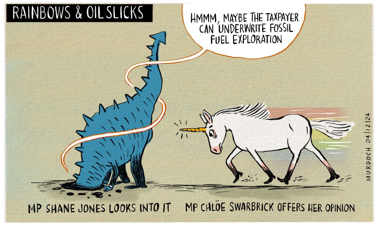 Rainbows &amp; Oil Slicks. Dinosaurs and Unicorns. 
I’m backing the unicorns.
My #cartoon today. #NZpol  #fossilfuels #ClimateEmergency