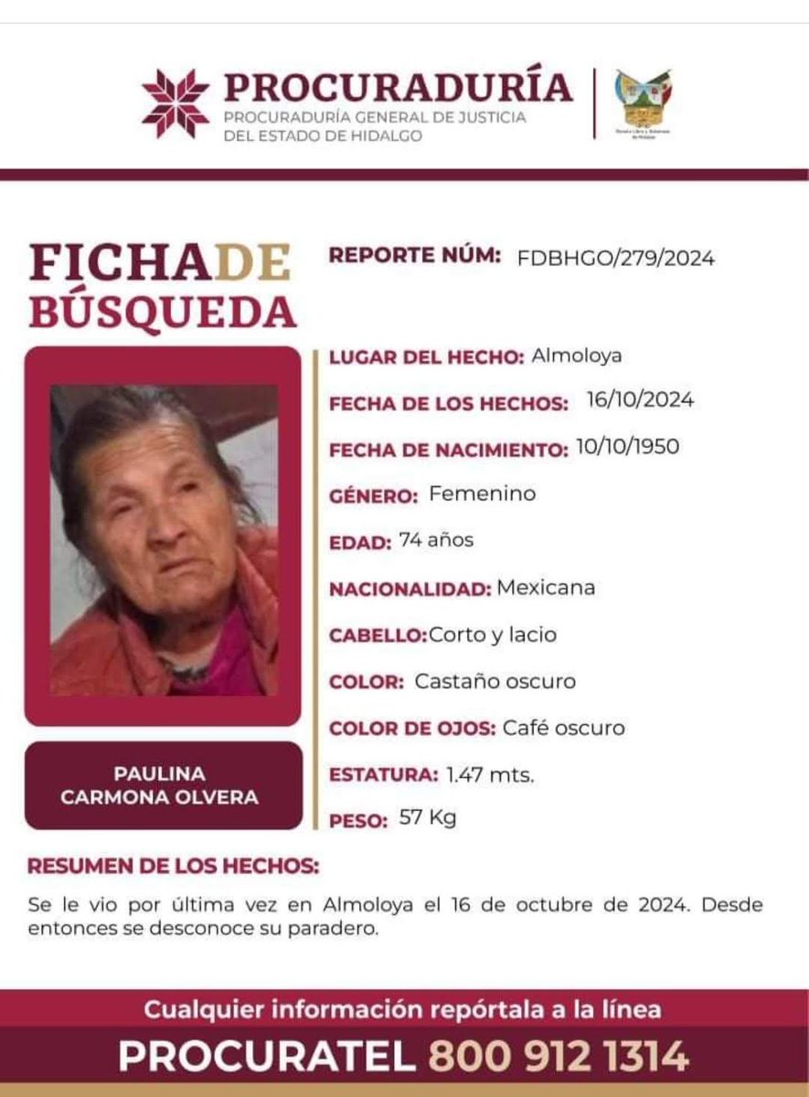 📢 Buscamos a Paulina Carmona Olvera, desaparecida el 16 de octubre de 2024 en Almoloya, Hidalgo.

Se agradece cualquier información que pueda dar con su paradero.

¡Hasta encontrarla!