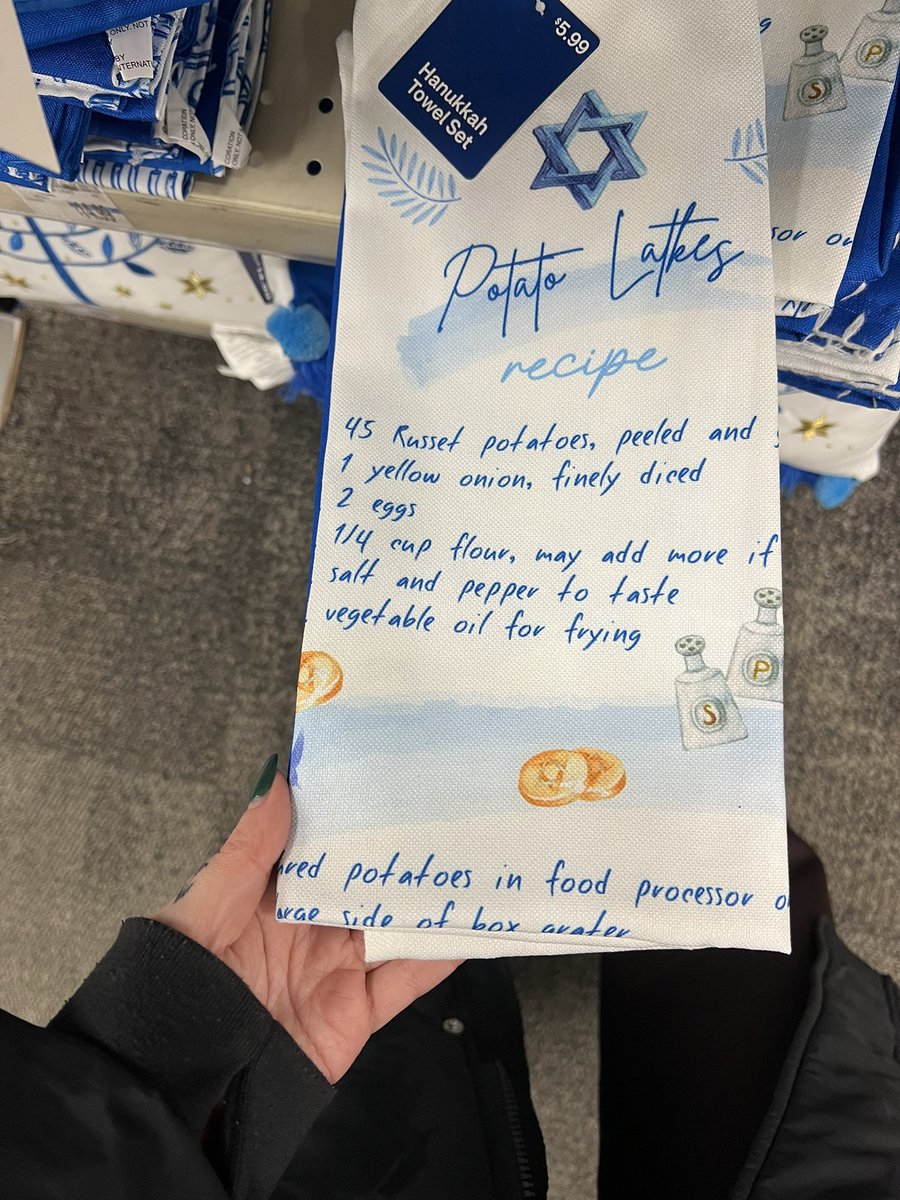 lllliatttt's tweet photo. pondering this latke recipe tea towel from the CVS hanukkah shelf. 45 potatoes and 1 onion. https://t.co/s7T5cUNTGi