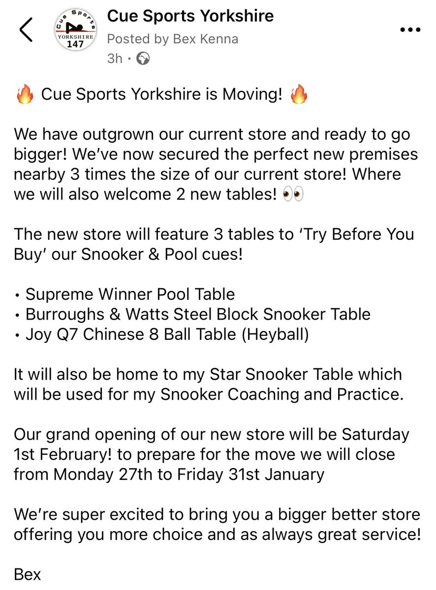 CueSportsYorks's tweet photo. Exciting News!!!
#shop #growing #snooker #pool #heyball https://t.co/cQt7Kjzyln