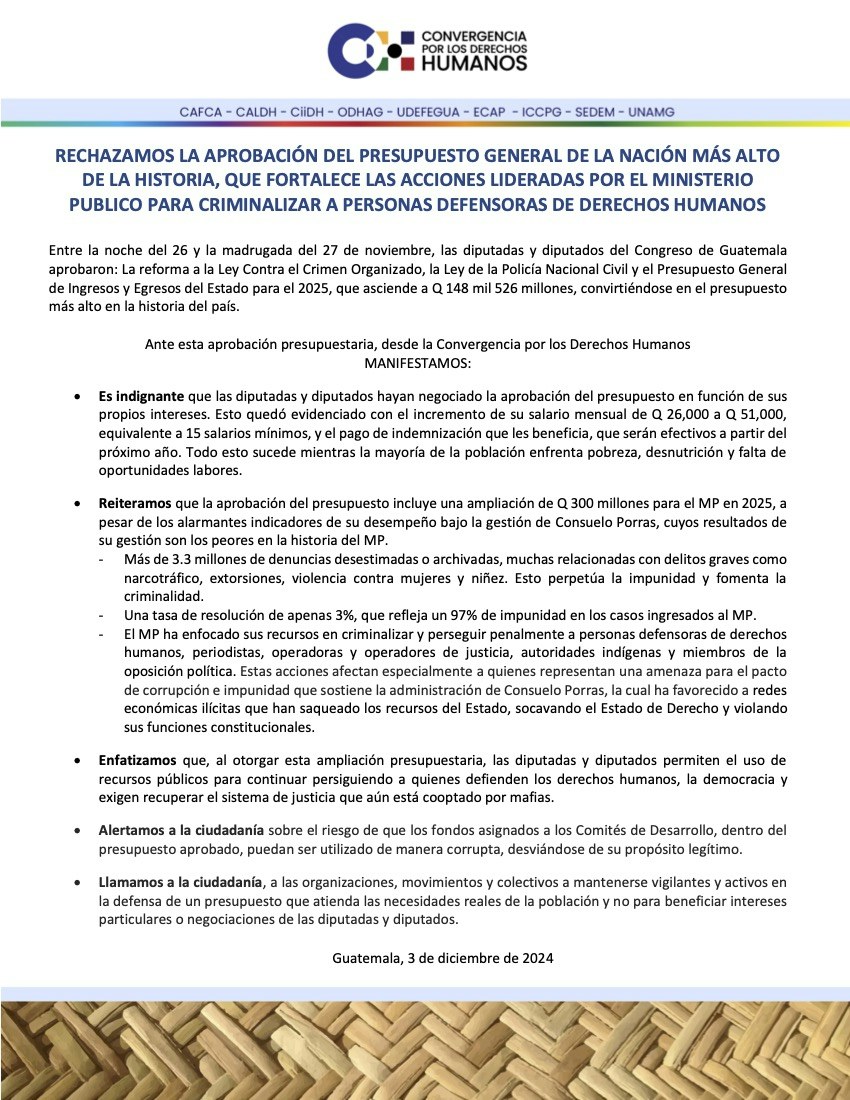 ConvergenciaDH's tweet image. 🚨  @ConvergenciaDH rechaza la aprobación del presupuesto general de la nación 2025, que incluye una ampliación de Q 300 millones para el MP a pesar de los bajísimos indicadores de eficacia y eficiencia bajo la gestión de Consuelo Porras.  👁️

#IneficienciaMP
#DestituciónYa