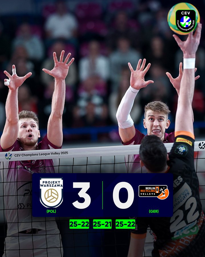 Grafika przedstawiająca wynik końcowy meczu pomiędzy Projektem Warszawa a BR Volleys.