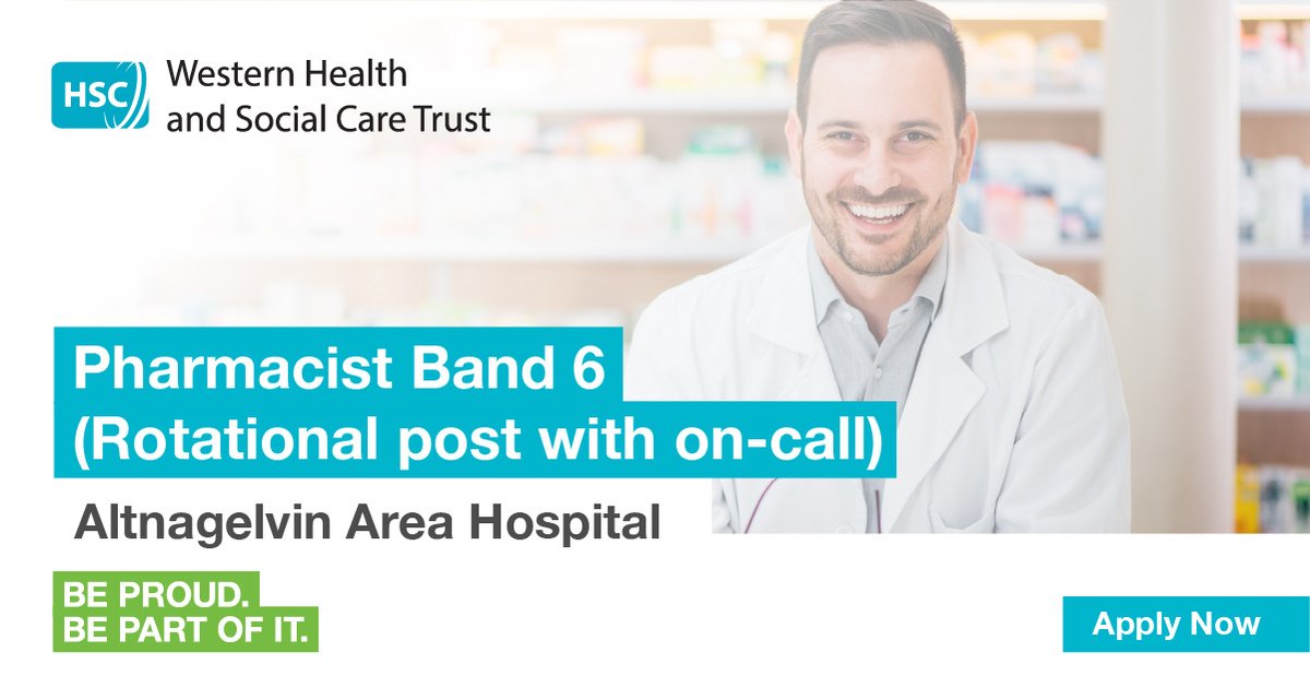HSCworkforce (@hscworkforce) on Twitter photo The <a href="/WesternHSCTrust/">Western Trust</a> are seeking a Pharmacist Band 6 (Rotational post with on-call) to be based at Altnagelvin Area Hospital. Various contracts available.
Apply online today: hubs.ly/Q02-9Tsz0 The <a href="/WesternHSCTrust/">Western Trust</a> are seeking a Pharmacist Band 6 (Rotational post with on-call) to be based at Altnagelvin Area Hospital. Various contracts available.
Apply online today: hubs.ly/Q02-9Tsz0